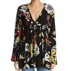 Free People Black Floral V-Neck Blouse